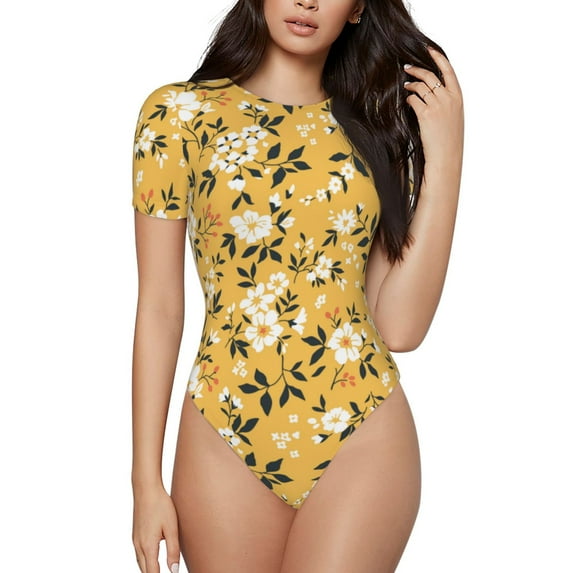 Naloa Daisies Flowers Women's Short-Sleeved Onesie, One-Piece Swimsuit for Parties, dates, clubs - Large