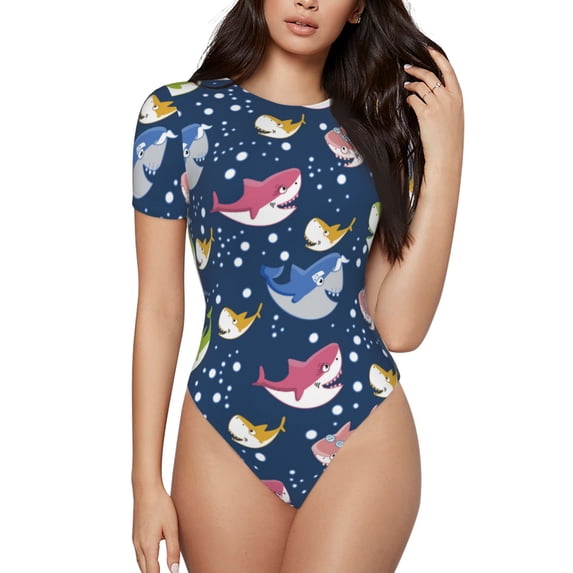 Naloa Colorful Cartoon Shark Women's Short-Sleeved Onesie, One-Piece Swimsuit for Parties, dates, clubs - Large