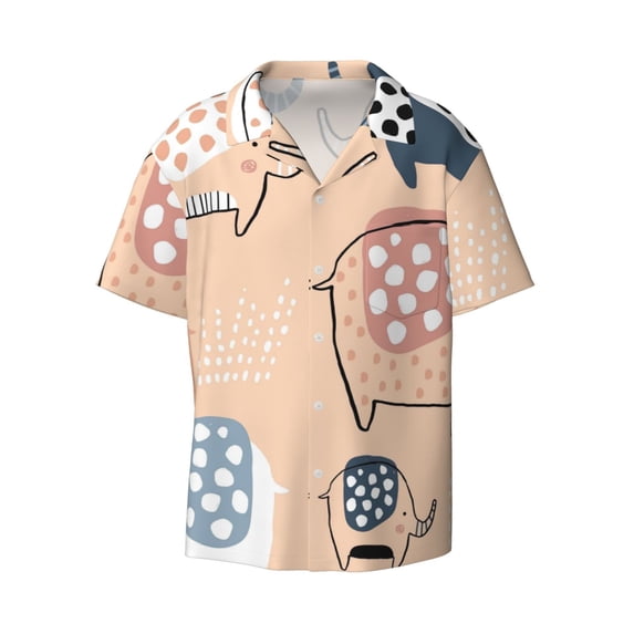 Wukai Cute Ink Drawn Elephants Men's Casual Short-Sleeve Button Down Shirt - Lightweight Summer Dress Shirt for Daily Wear-