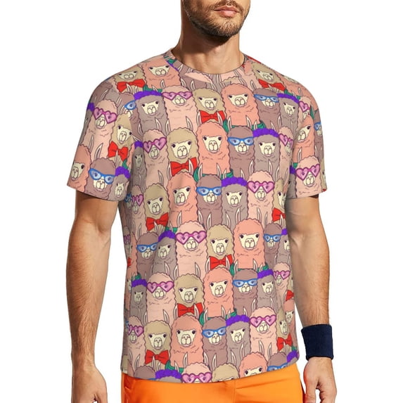 Wukai Cute Lamas Print Men's Short-Sleeved Mesh T-Shirt,Quick-Dry Short Sleeve Workout T-Shirt-Medium