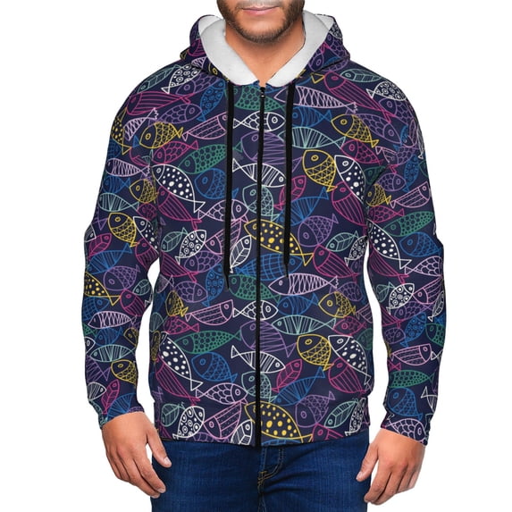 Wukai Cute Line Fish Print Men's Zip-Up Hoodie,Fleece Full-Zip Hoodie for Men, Hooded Sweatshirt-X-Large