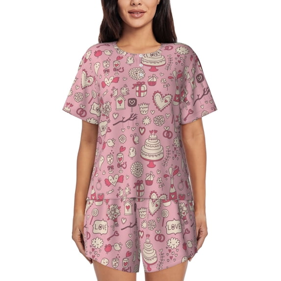 Wukai Cute Love Women's Pajama Set,Short-Sleeve Top and Shorts with Elastic Waistband and Pockets for Loungewear, Yoga, and Casual Wear-XX-Large