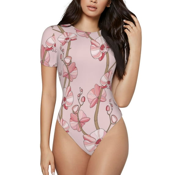 Naloa Orchids Flowers Women's Short-Sleeved Onesie, One-Piece Swimsuit for Parties, dates, clubs - Small
