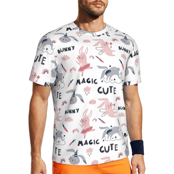 Wukai Cute Magic Bunny Print Men's Short-Sleeved Mesh T-Shirt,Quick-Dry Short Sleeve Workout T-Shirt-Small