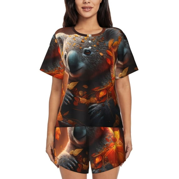 Wukai Cute Maple Leaf Koala Print Women's Pajama Set - Short-Sleeve Top and Shorts with Elastic Waistband and Pockets for Loungewear, Yoga, and Casual Wear-3X-Large