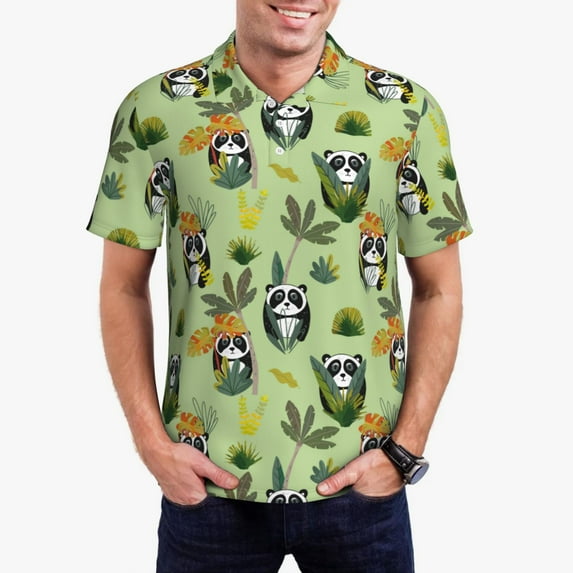 Wukai Cute Panda Bear In Greenery Forest Men’s Polo Shirts Sleeve,Camisas Polo Para Hombre,True Classic Tees Men-4X-Large