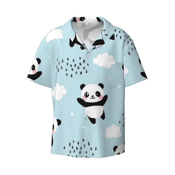 Wukai Cute Panda Bear Men's Casual Short-Sleeve Button Down Shirt - Lightweight Summer Dress Shirt for Daily Wear-XX-Large