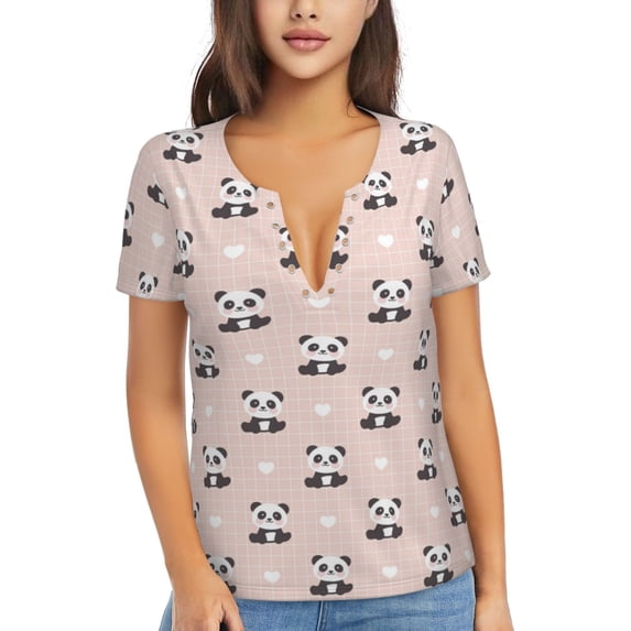 Wukai Cute Panda Casual V-Neck Graphic Tees for Women: Lightweight and Breathable Summer Tops with Stylish Design-Medium