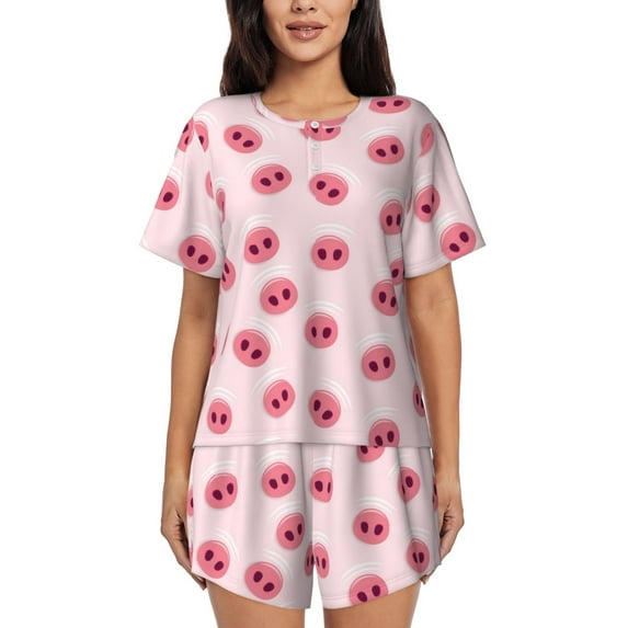 Wukai Cute Pig Nose Women's Pajama Set,Short-Sleeve Top and Shorts with Elastic Waistband and Pockets for Loungewear, Yoga, and Casual Wear-Medium