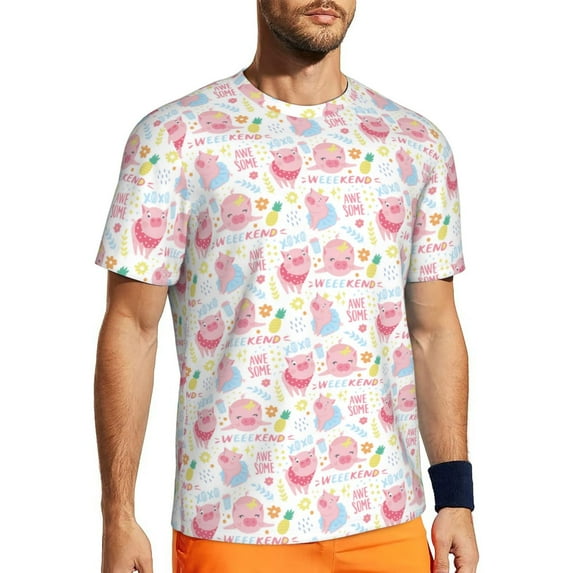 Wukai Cute Pig Print Men's Short-Sleeved Mesh T-Shirt,Quick-Dry Short Sleeve Workout T-Shirt-3X-Large