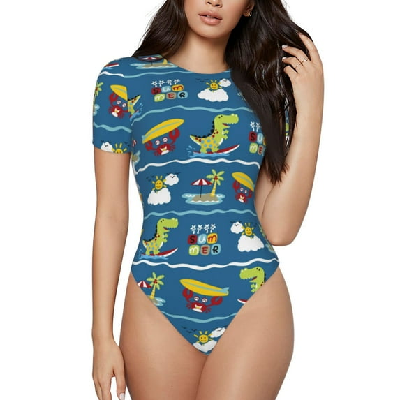Naloa Dinosaur on the Beach Vacation Women's Short-Sleeved Onesie, One-Piece Swimsuit for Parties, dates, clubs - Large