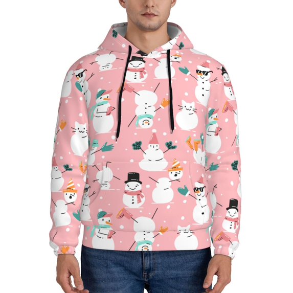 Wukai Cute Pink Snowman Cat Print Men Hoodies Fleece Sweatshirts Long Sleeve Sweaters Pullover Fall Outfits Winter Clothes-Small