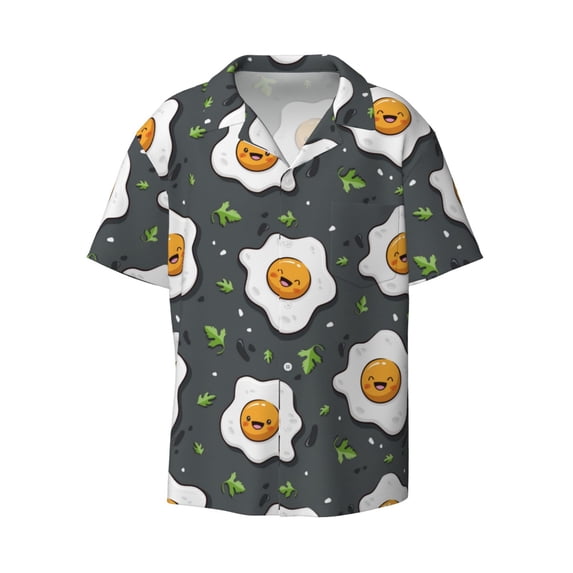 Wukai Cute Poached Eggs Men's Casual Short-Sleeve Button Down Shirt - Lightweight Summer Dress Shirt for Daily Wear-Large