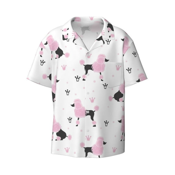 Wukai Cute Poodle Dog Men's Casual Short-Sleeve Button Down Shirt - Lightweight Summer Dress Shirt for Daily Wear-Small