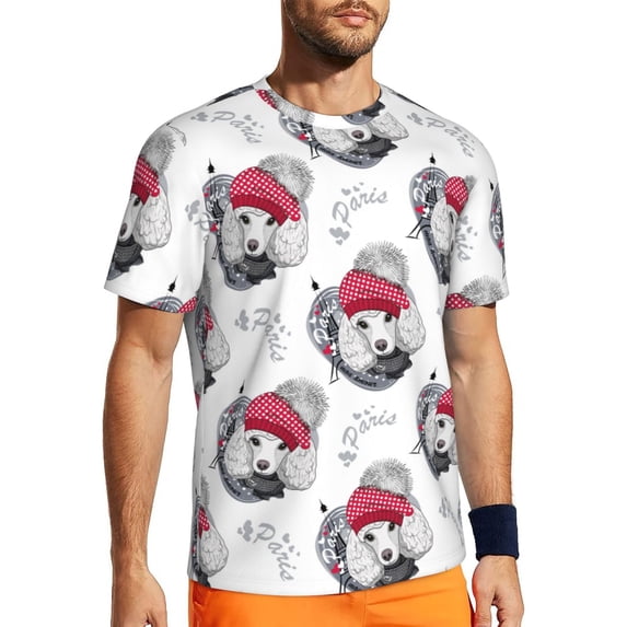 Wukai Cute Poodle Dog Print Men's Short-Sleeved Mesh T-Shirt,Quick-Dry Short Sleeve Workout T-Shirt-3X-Large