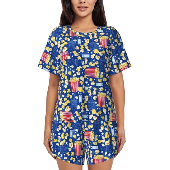 Wukai Cute Popcorn Women's Pajama Set,Short-Sleeve Top and Shorts with Elastic Waistband and Pockets for Loungewear, Yoga, and Casual Wear-Large