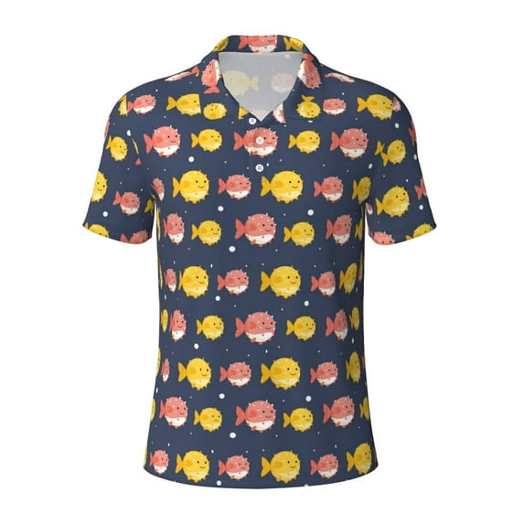 Wukai Cute Puffer Fish Men’s Polo Shirts,Quick-Dry Athletic Shirt,Classic Fit Shirts-Large