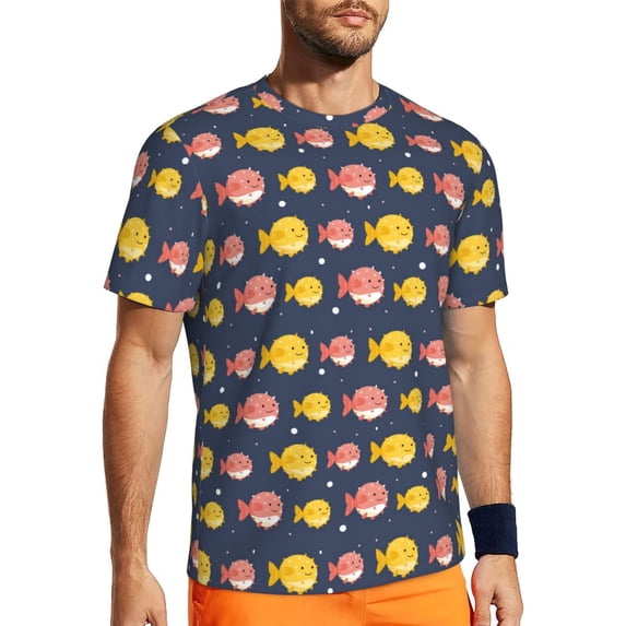 Wukai Cute Puffer Fish Print Men's Short-Sleeved Mesh T-Shirt,Quick-Dry Short Sleeve Workout T-Shirt-Large