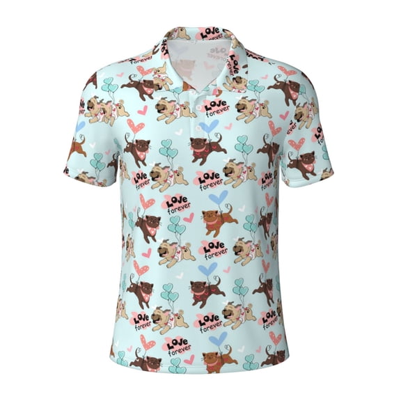 Wukai Cute Pug Dogs Men’s Polo Shirts,Quick-Dry Athletic Shirt,Classic Fit Shirts-3X-Large