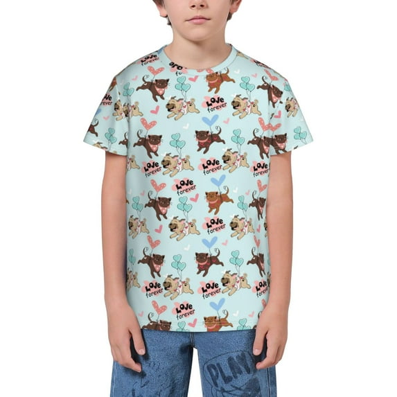 Wukai Cute Pug Dogs Youth Unisex Short Sleeve T-Shirt for Boys, Girls, Teens, and Kids-Large