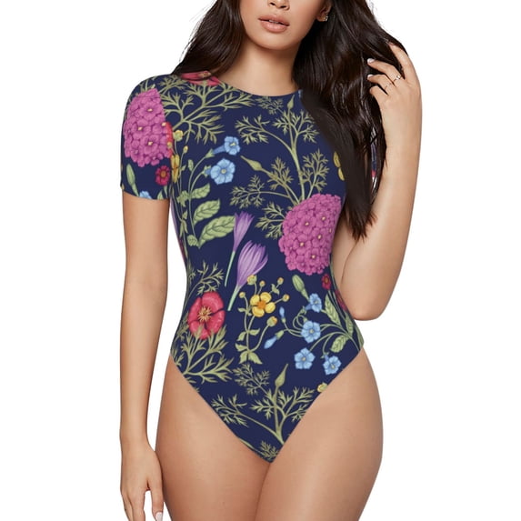 Naloa Floral Women's Short-Sleeved Onesie, One-Piece Swimsuit for Parties, dates, clubs - XX-Large