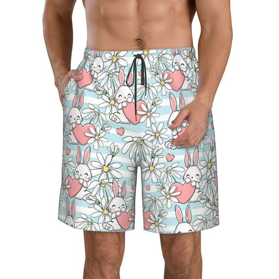 Wukai Cute Rabbit And Heart Print Beach Trunks with Compression Liner Swimsuit Quick Dry Beach Sports Shorts with Pocket-XX-Large