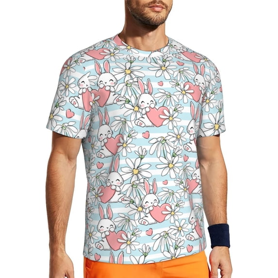 Wukai Cute Rabbit And Heart Print Men's Short-Sleeved Mesh T-Shirt,Quick-Dry Short Sleeve Workout T-Shirt-3X-Large