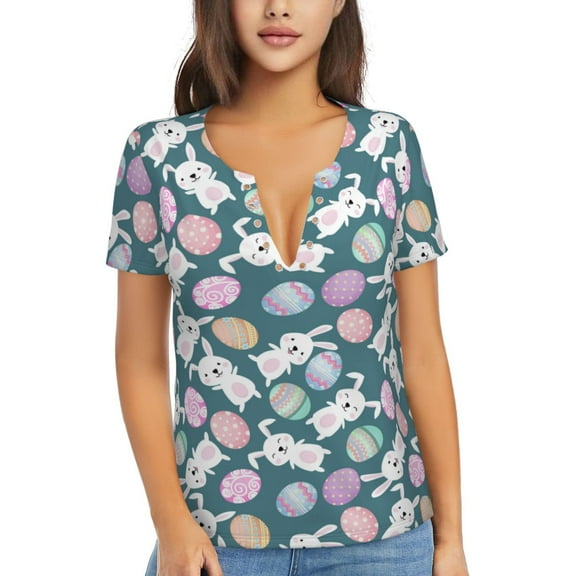 Wukai Cute Rabbit Easter Casual V-Neck Graphic Tees for Women: Lightweight and Breathable Summer Tops with Stylish Design-Large