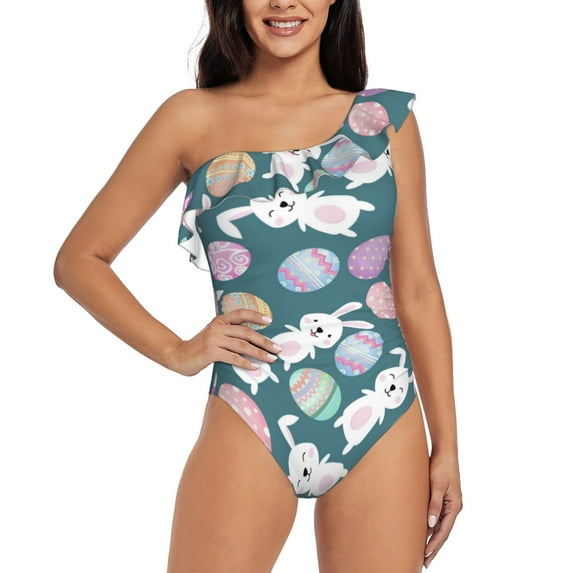 Wukai Cute Rabbit Easter Chic One Shoulder Swimwear with Ruffle Design and Tummy Control Skirt: Fashionable, Supportive, Comfortable for Beach-Small