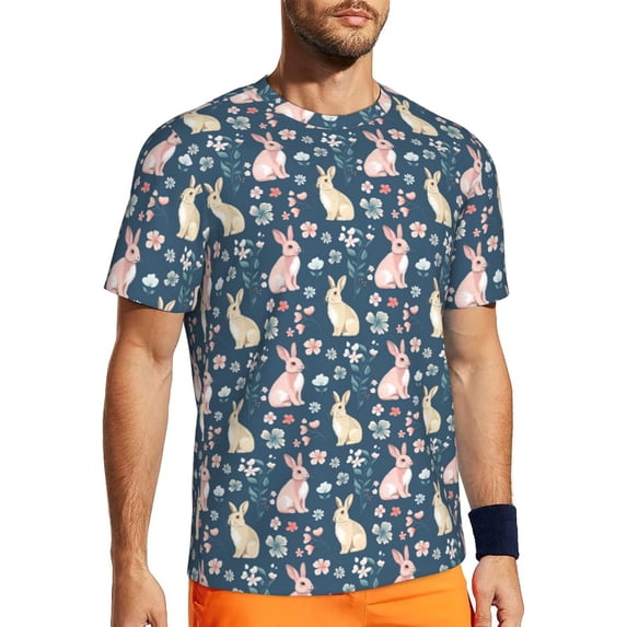 Wukai Cute Rabbit Floral Print Men's Short-Sleeved Mesh T-Shirt,Quick-Dry Short Sleeve Workout T-Shirt-XX-Large
