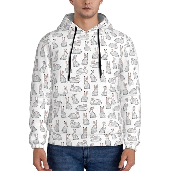 Wukai Cute Rabbit Print Men Hoodies Fleece Sweatshirts Long Sleeve Sweaters Pullover Fall Outfits Winter Clothes-X-Large