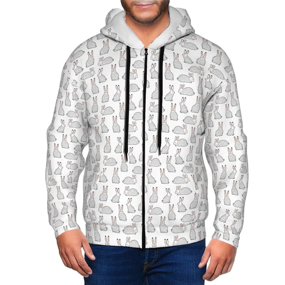 Wukai Cute Rabbit Print Men's Zip-Up Hoodie,Fleece Full-Zip Hoodie for Men, Hooded Sweatshirt-XX-Large
