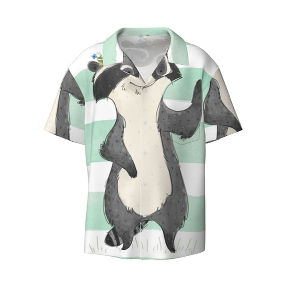 Wukai Cute Raccoon Men's Casual Short-Sleeve Button Down Shirt - Lightweight Summer Dress Shirt for Daily Wear-