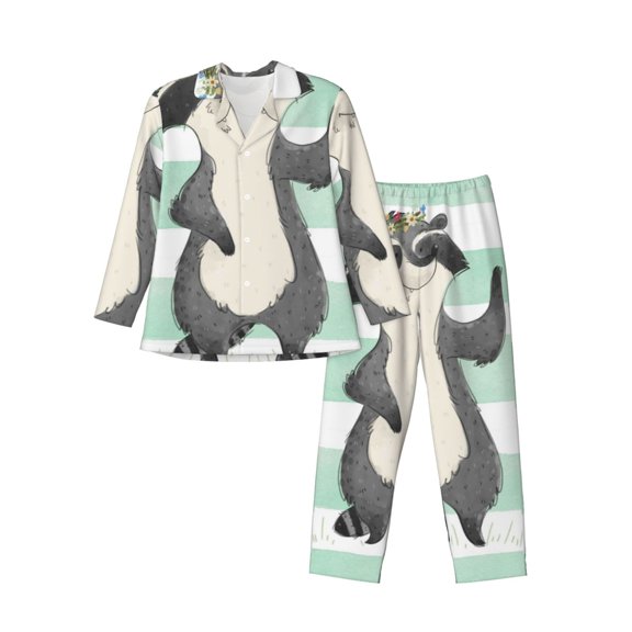 Wukai Cute Raccoon Men's Long-Sleeve Pajama Set - Comfortable Sleepwear with Button-Down Shirt and Pants-Large