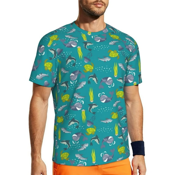 Wukai Cute Shark Turtle Print Men's Short-Sleeved Mesh T-Shirt,Quick-Dry Short Sleeve Workout T-Shirt-Medium