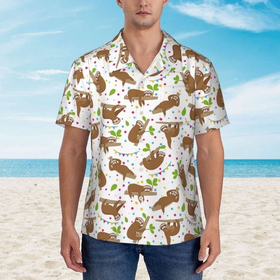 Wukai Cute Sloth Men's Hawaiian Shirt Short Sleeve Casual Button Down Summer Beach Aloha Shirt Tropical Print Holiday Party