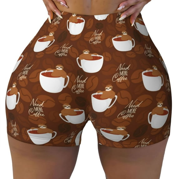 Wukai Cute Sloths Bear Relaxing In Coffee Cup Print Pack Biker Shorts for Women Yoga Workout Gym Running Scrunch Active Shorts-Small