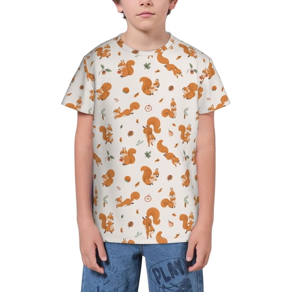 Wukai Cute Squirrel Fall Youth Unisex Short Sleeve T-Shirt for Boys, Girls, Teens, and Kids-X-Large