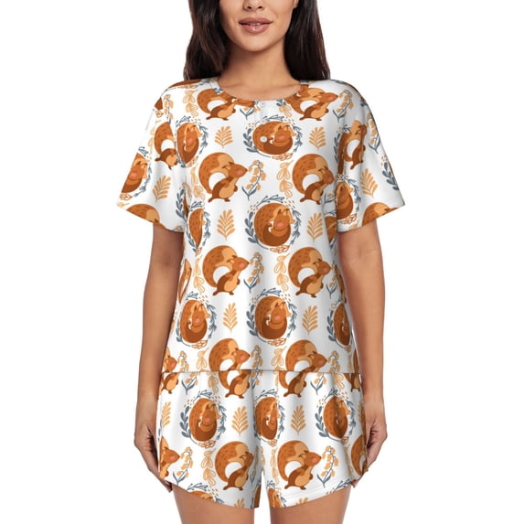 Wukai Cute Squirrel Print Women's Pajama Set - Short-Sleeve Top and Shorts with Elastic Waistband and Pockets for Loungewear, Yoga, and Casual Wear-