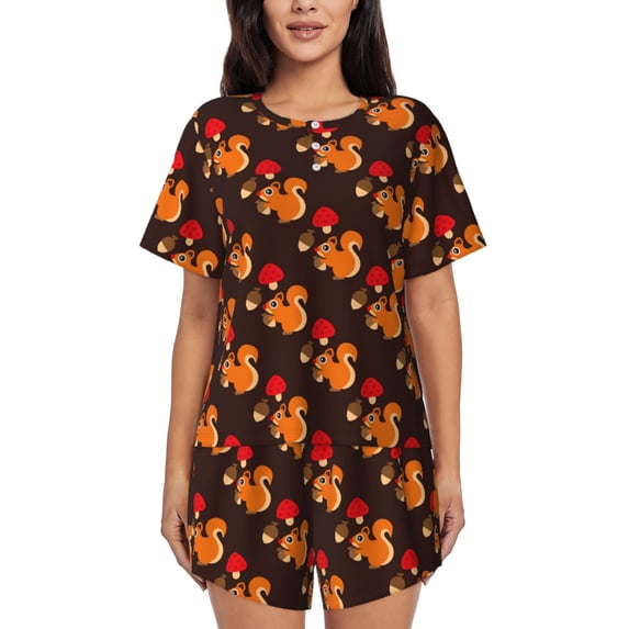 Wukai Cute Squirrel Women's Pajama Set,Short-Sleeve Top and Shorts with Elastic Waistband and Pockets for Loungewear, Yoga, and Casual Wear-3X-Large