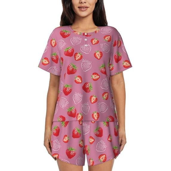 "Wukai Cute Strawberry Women's Pajama Set - Short-Sleeve Top and Shorts with Elastic Waistband and Pockets for Loungewear, Yoga, and Casual Wear-