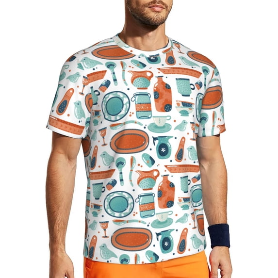 Wukai Cute Tableware Print Men's Short-Sleeved Mesh T-Shirt,Quick-Dry Short Sleeve Workout T-Shirt-X-Small