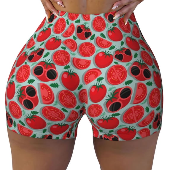 Wukai Cute Tomato Print Pack Biker Shorts for Women Yoga Workout Gym Running Scrunch Active Shorts-Large