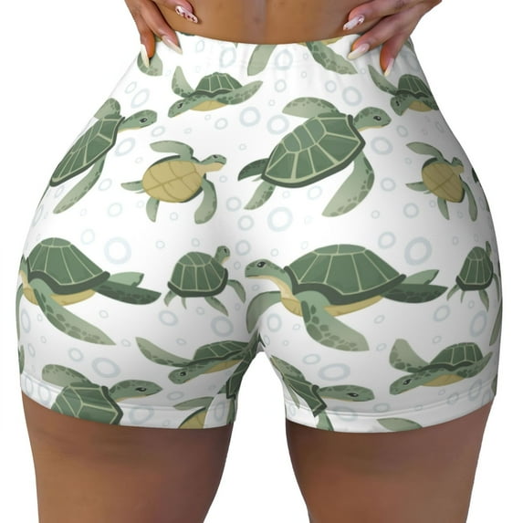 Wukai Cute Turtle Print Pack Biker Shorts for Women Yoga Workout Gym Running Scrunch Active Shorts-Large