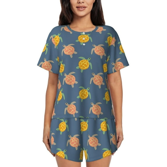 "Wukai Cute Turtle Women's Pajama Set - Short-Sleeve Top and Shorts with Elastic Waistband and Pockets for Loungewear, Yoga, and Casual Wear-4X-Large