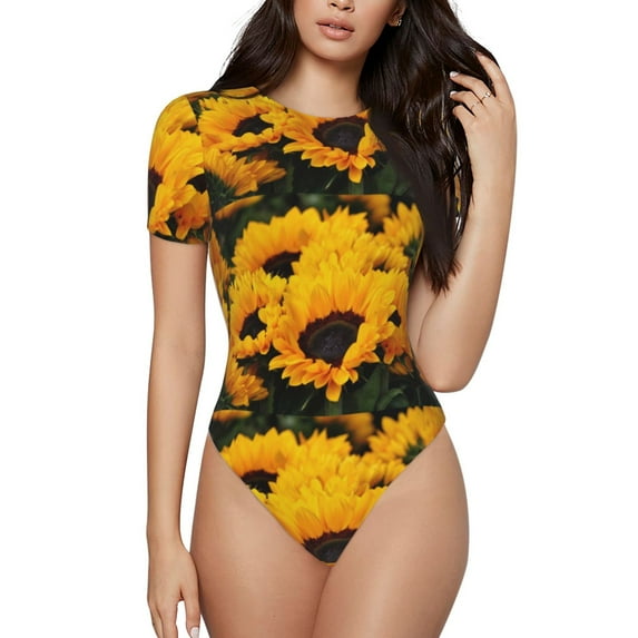 Naloa Flower Bush Sunflower Women's Short-Sleeved Onesie, One-Piece Swimsuit for Parties, dates, clubs - X-Large