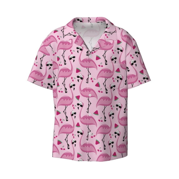 Wukai Cute Watermelon Flamingo Men's Casual Short-Sleeve Button Down Shirt - Lightweight Summer Dress Shirt for Daily Wear-Large
