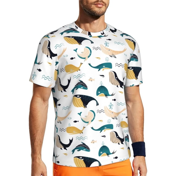 Wukai Cute Whale Print Men's Short-Sleeved Mesh T-Shirt,Quick-Dry Short Sleeve Workout T-Shirt-3X-Large