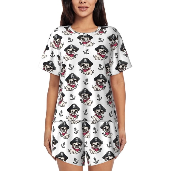 Wukai Pirate Puppy Women's Pajama Set,Short-Sleeve Top and Shorts with Elastic Waistband and Pockets for Loungewear, Yoga, and Casual Wear-Medium