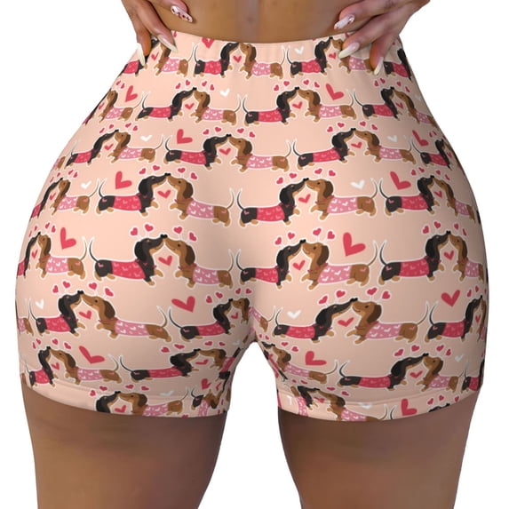 Wukai Dachshund Couple Print Pack Biker Shorts for Women Yoga Workout Gym Running Scrunch Active Shorts-Large